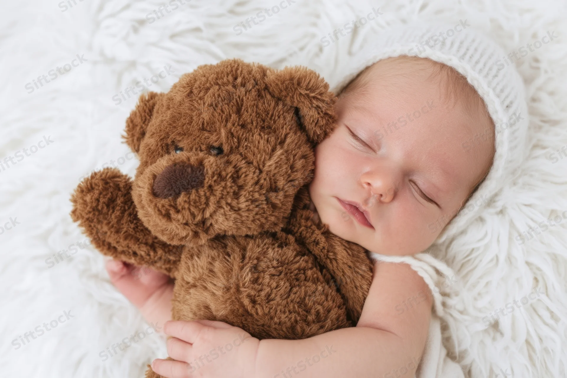 Newborn baby sleeping and cuddling a brown plush teddy on a white knit blanket