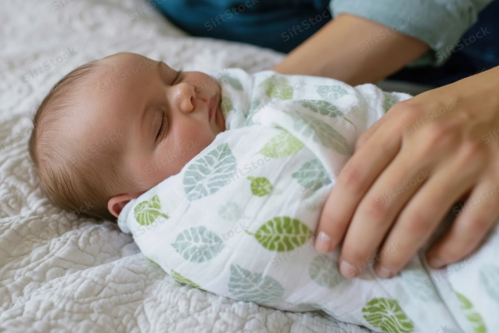 Newborn sleeping swaddled in leaf-pattern blanket on quilted bed with mother’s hand resting nearby