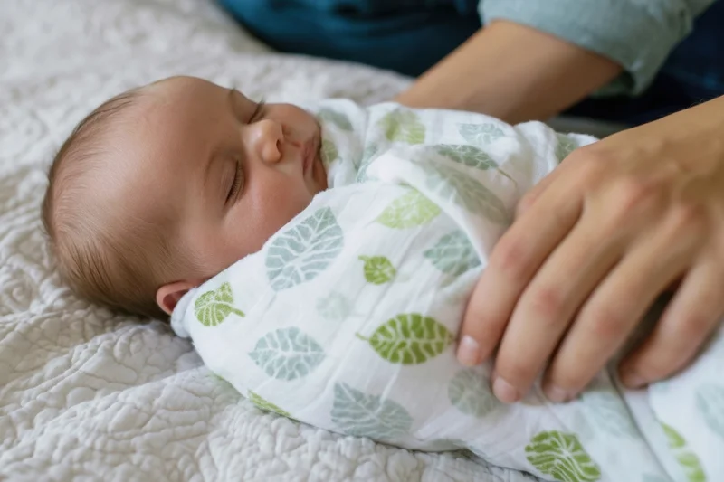 Newborn sleeping swaddled in leaf-pattern blanket on quilted bed with mother’s hand resting nearby