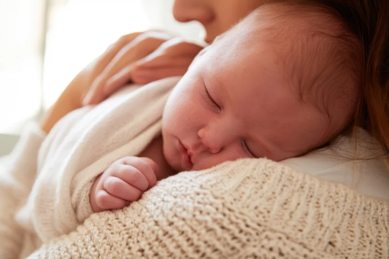 Newborn sleeping on mother's shoulder wrapped in soft knitted blanket