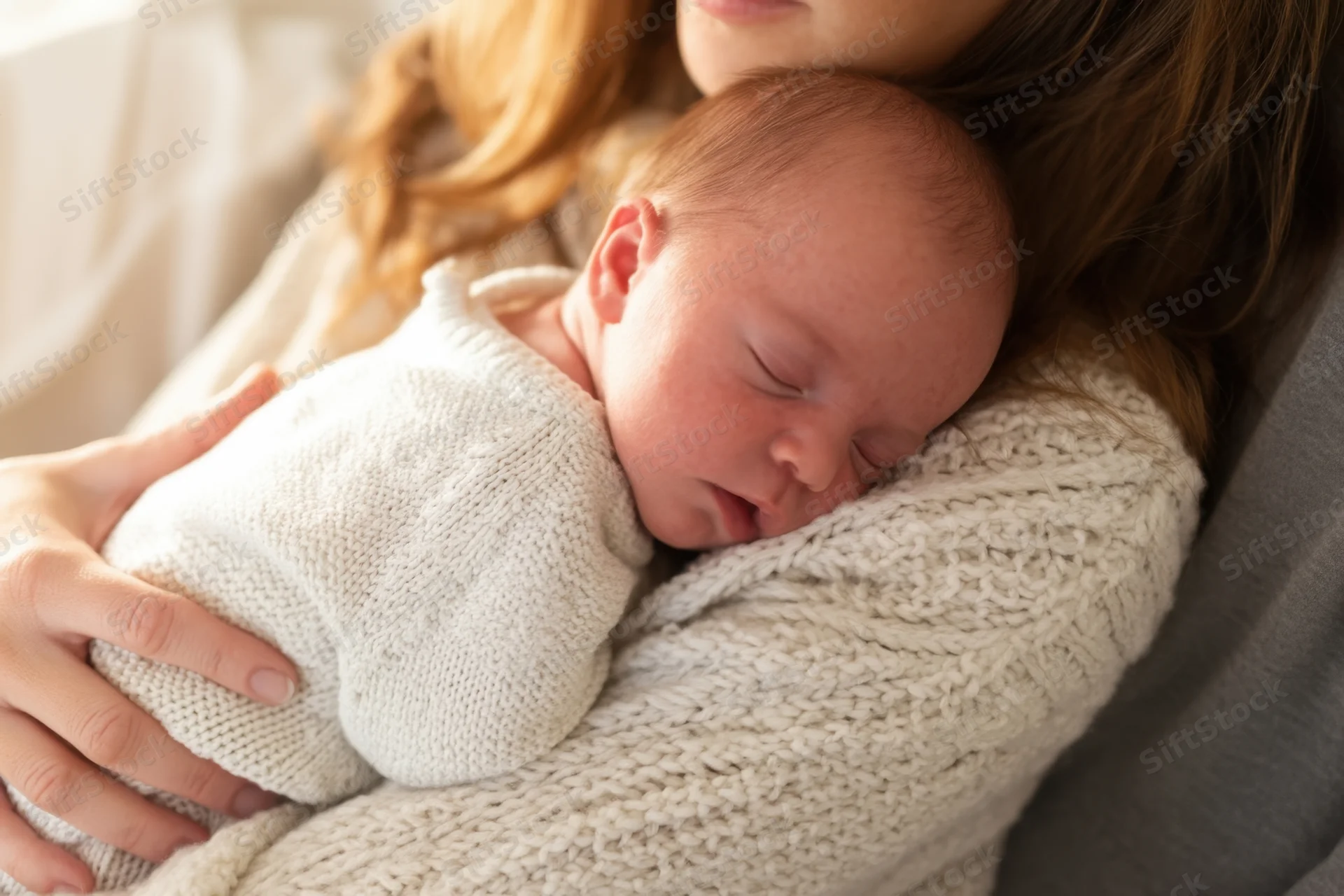 Newborn sleeping against mother's shoulder wrapped in soft knitted blanket