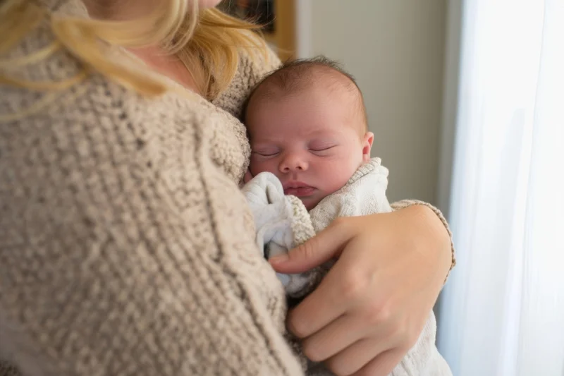 Newborn sleeping against mother's shoulder wrapped in soft blanket indoors