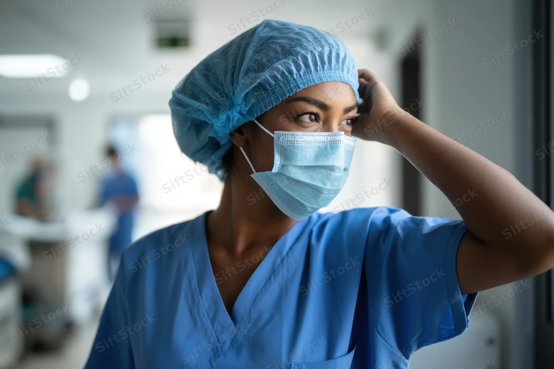 Nurse in blue scrubs adjusting surgical mask in hospital corridor