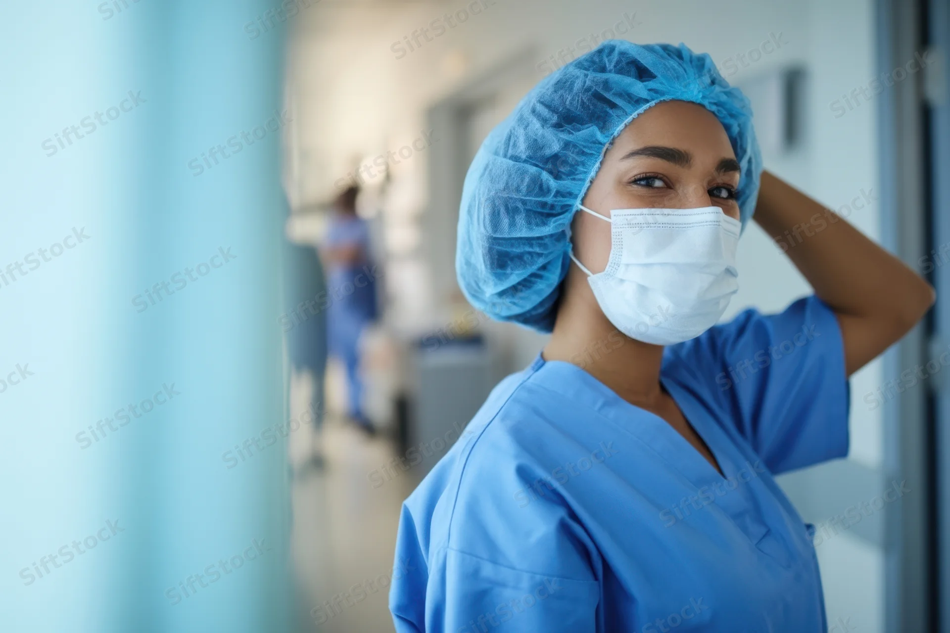 Nurse in blue scrubs and surgical mask standing in hospital corridor, hand on head, looking over shoulder