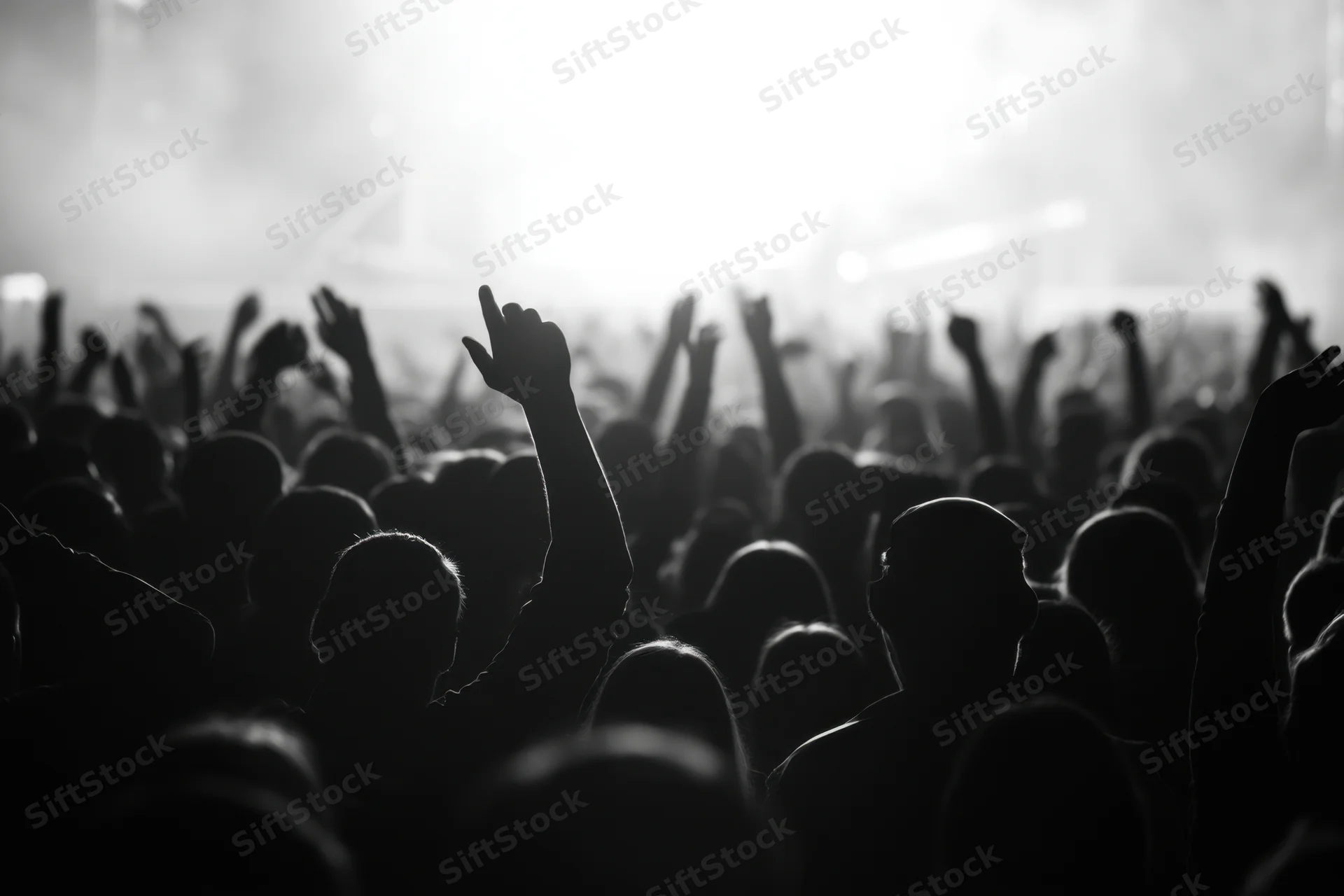Silhouetted crowd at concert raising hands toward stage lights