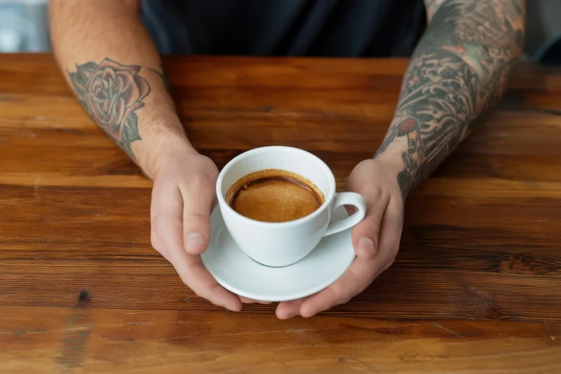 Tattooed hands holding a white coffee cup on a wooden table
