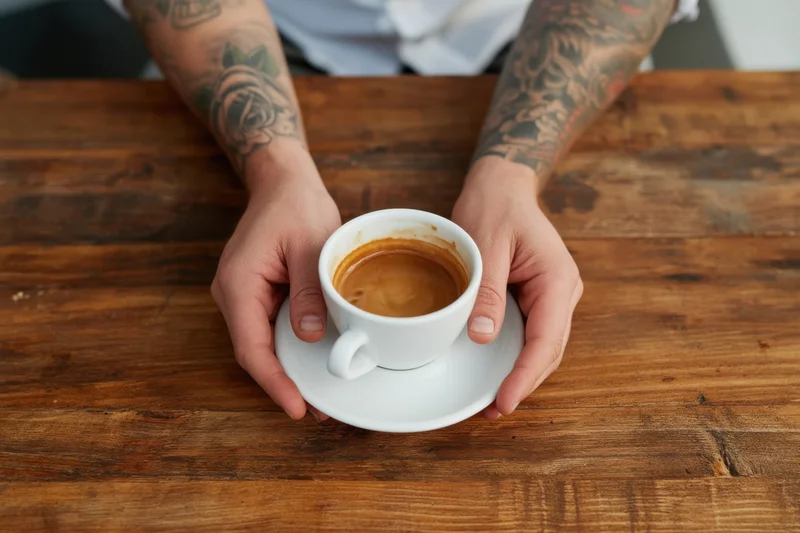 Tattooed hands holding a white coffee cup on a wooden table