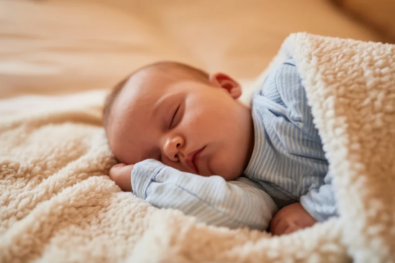 Sleeping baby resting on a plush cream blanket in a cozy indoor setting