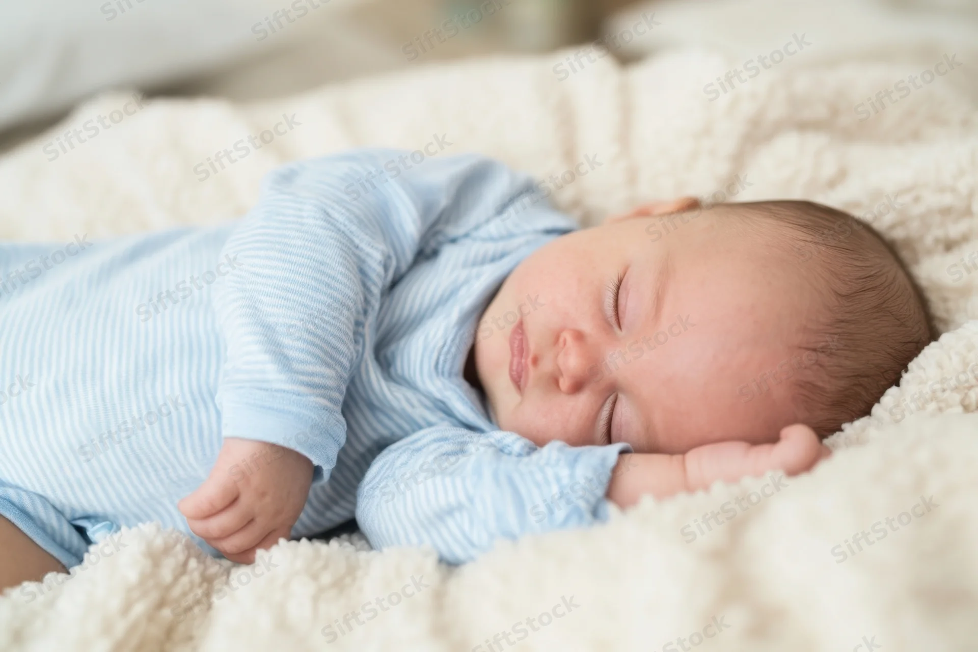 Sleeping baby in blue striped onesie on plush cream blanket