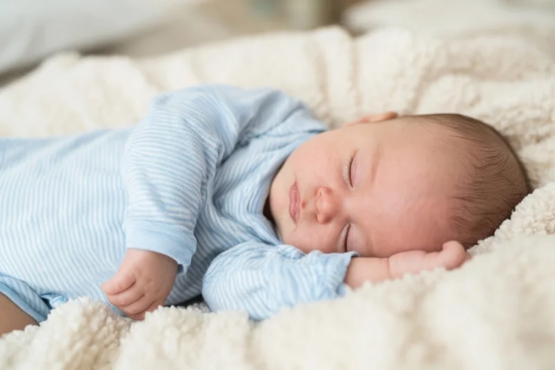 Sleeping baby in blue striped onesie on plush cream blanket
