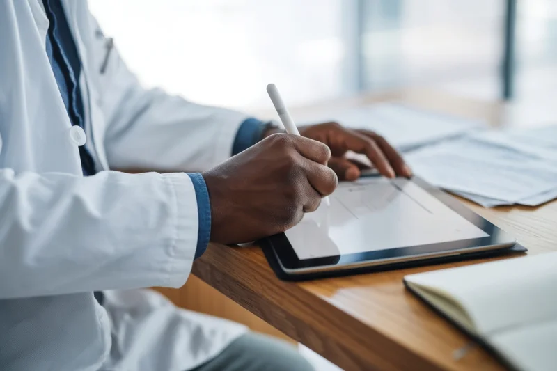 Doctor writing with stylus on tablet at desk in office