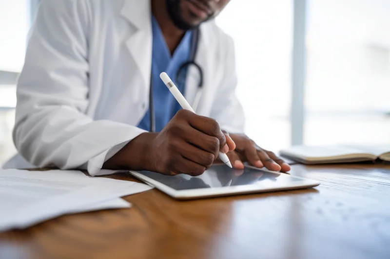 Doctor writing on tablet with stylus at desk in clinic