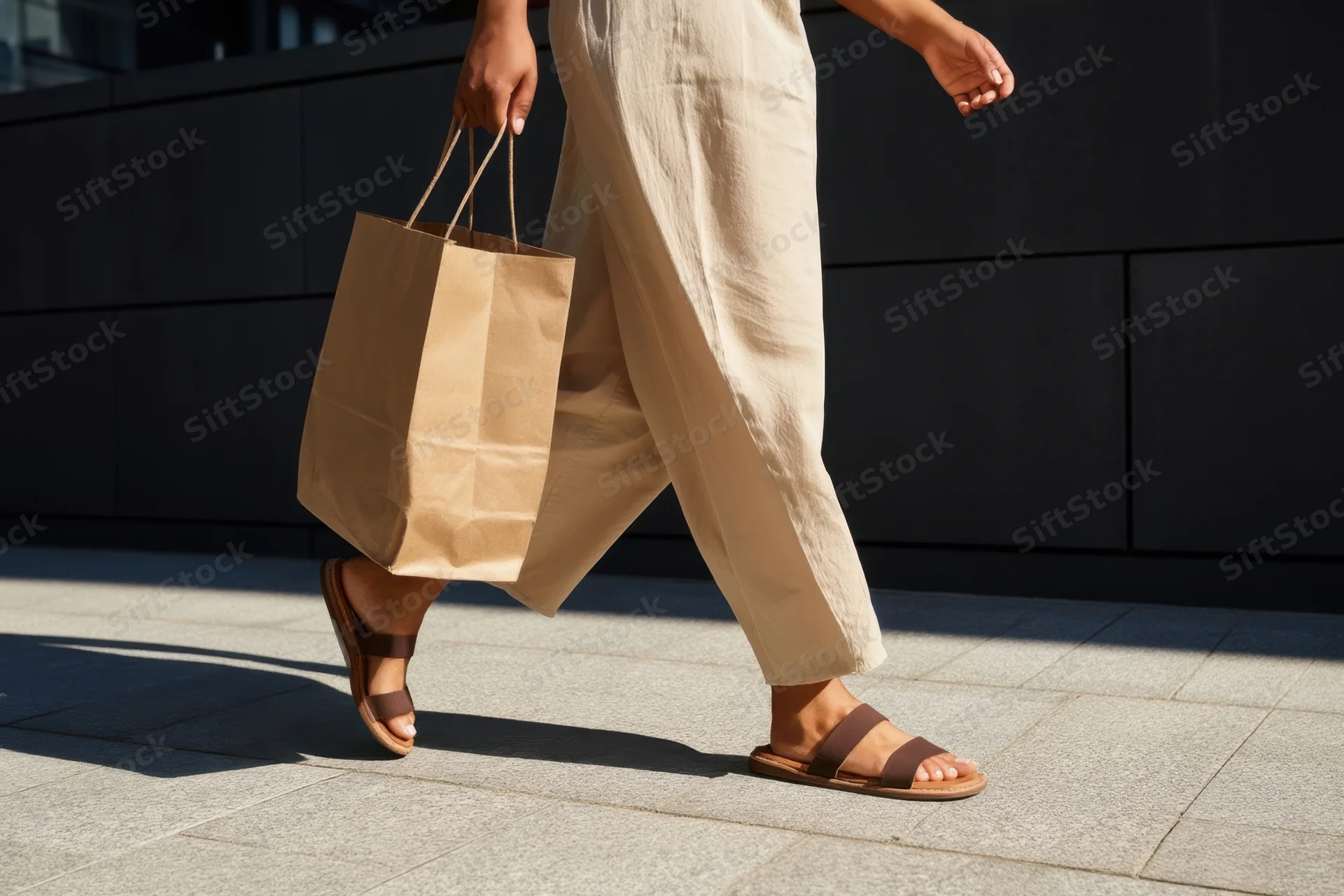 Woman walking on sunlit pavement carrying paper shopping bag in city