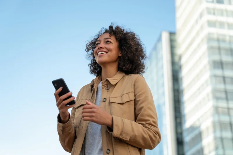 Woman smiling while holding smartphone outdoors in city setting