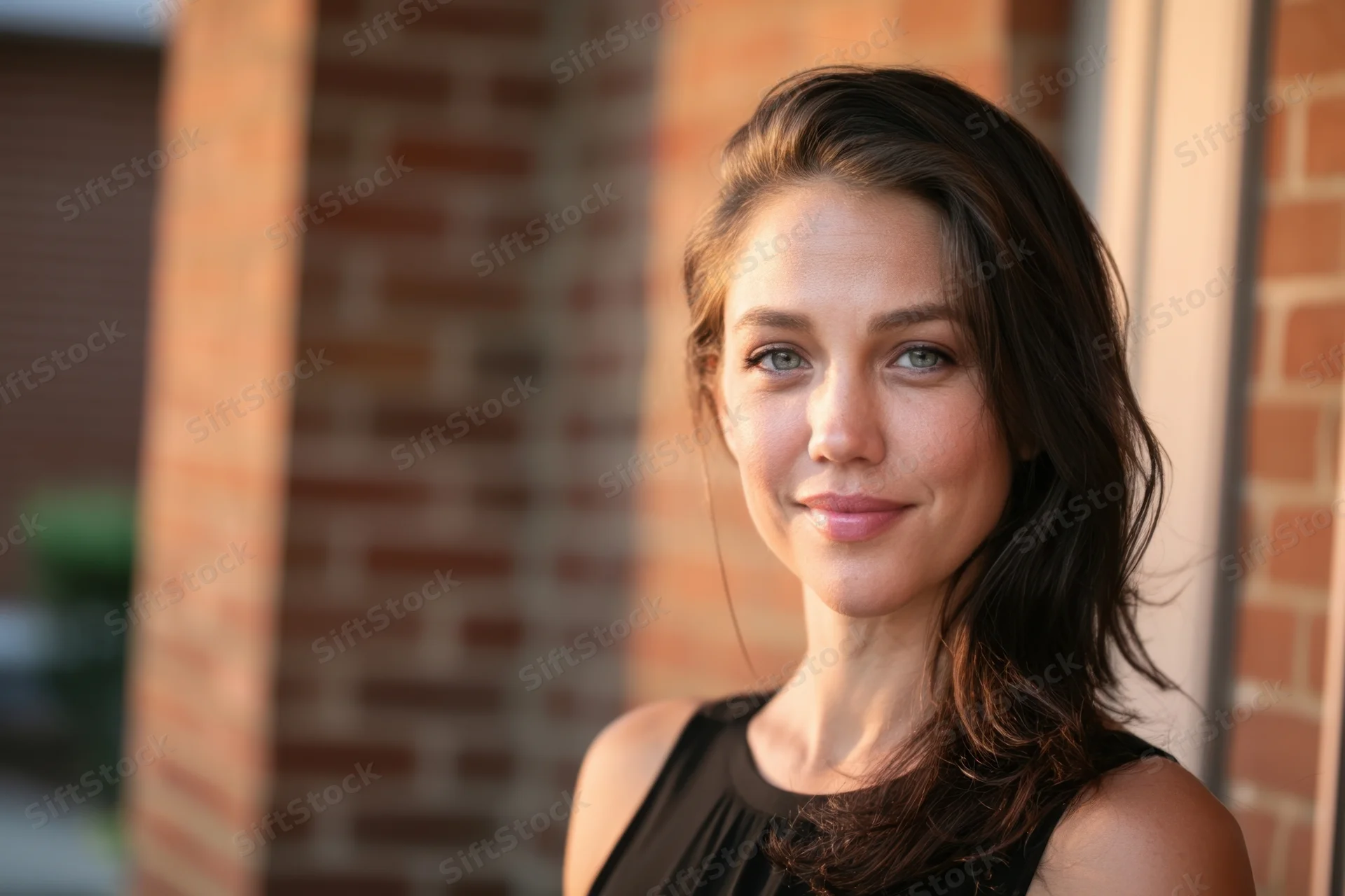 Woman smiling in close-up portrait outdoors against brick wall wearing black sleeveless top