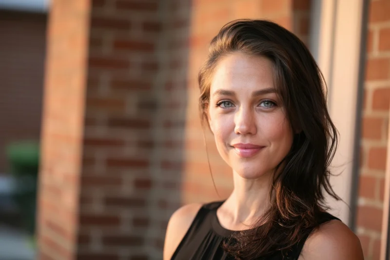 Woman smiling in close-up portrait outdoors against brick wall wearing black sleeveless top