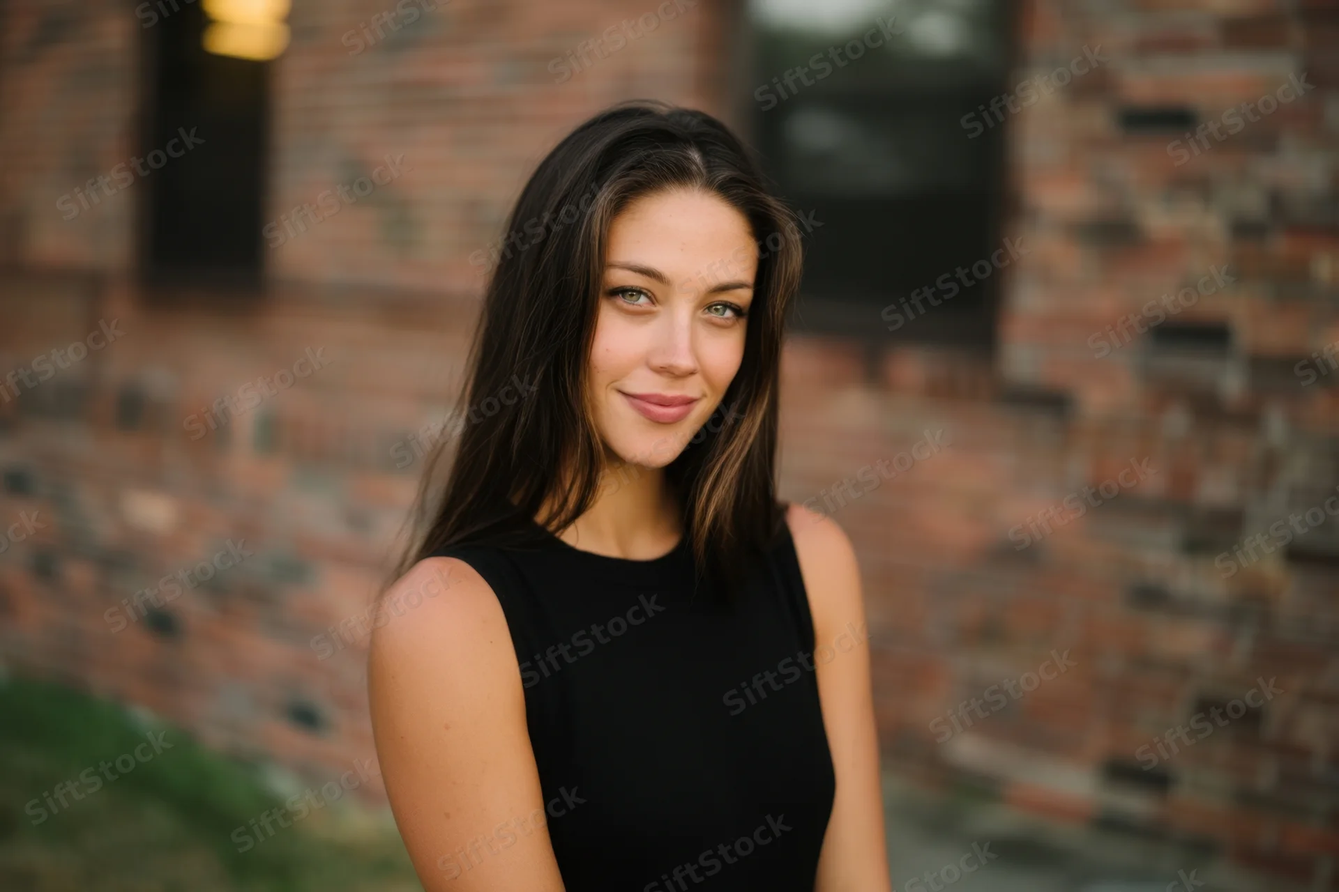 Woman smiling in black sleeveless top against brick wall outdoors