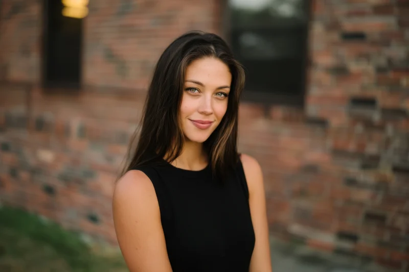 Woman smiling in black sleeveless top against brick wall outdoors