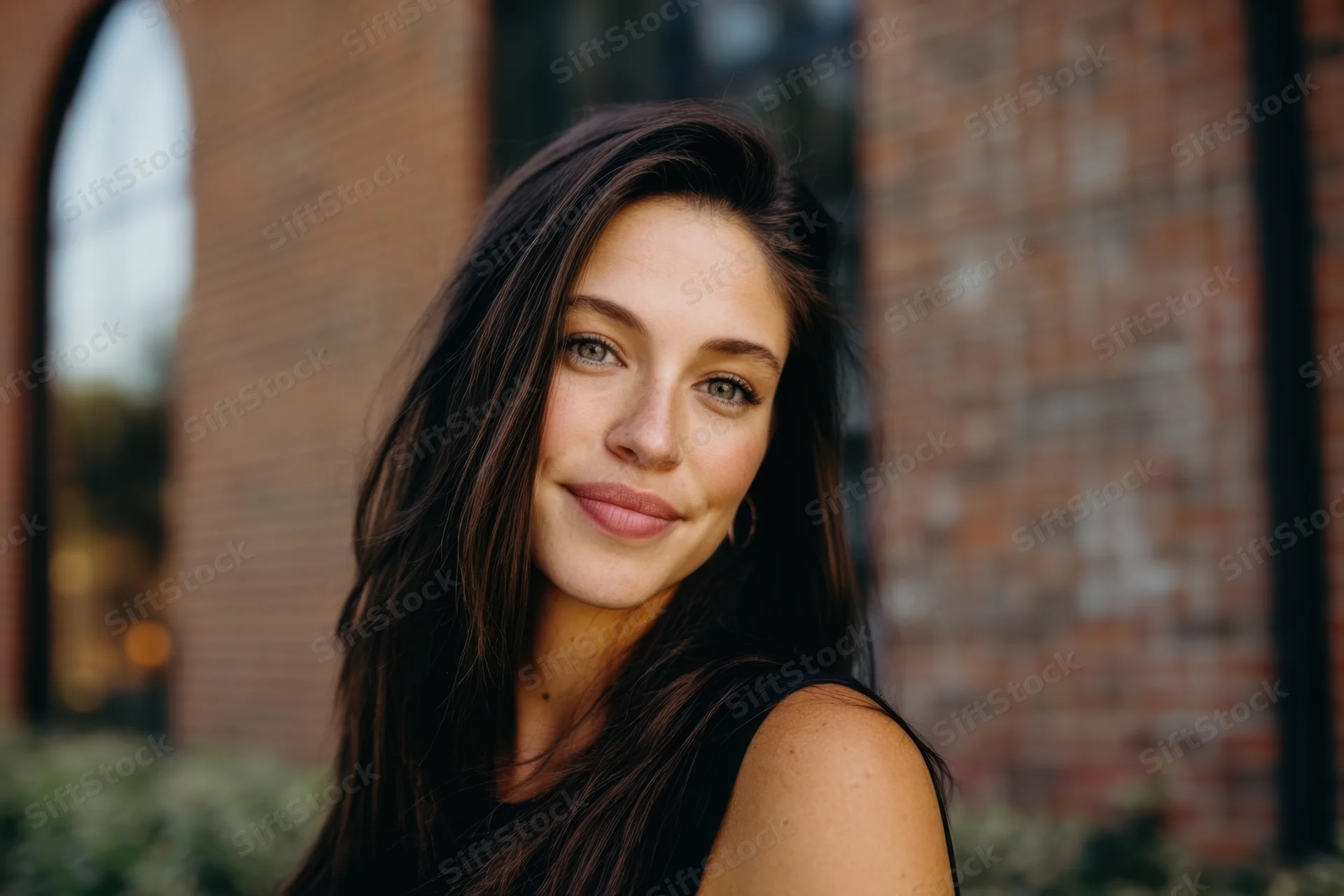 Woman smiling in close-up portrait outdoors near brick wall with arched window