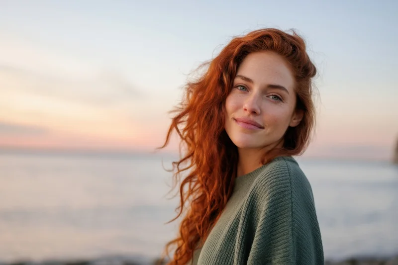 Woman with long wavy red hair smiling at camera on beach at sunset