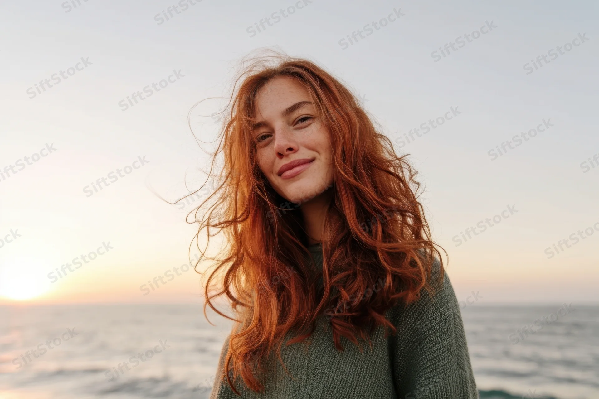 Woman with long wavy red hair smiling at camera on beach at sunset
