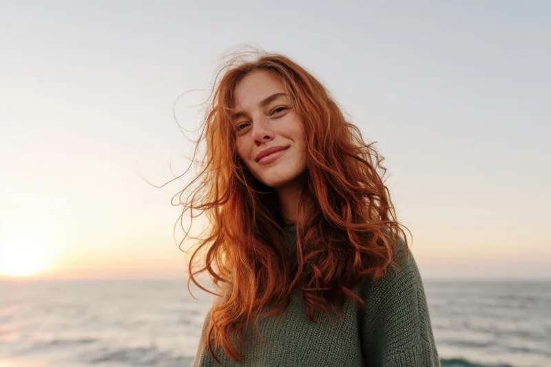 Woman with long wavy red hair smiling at camera on beach at sunset