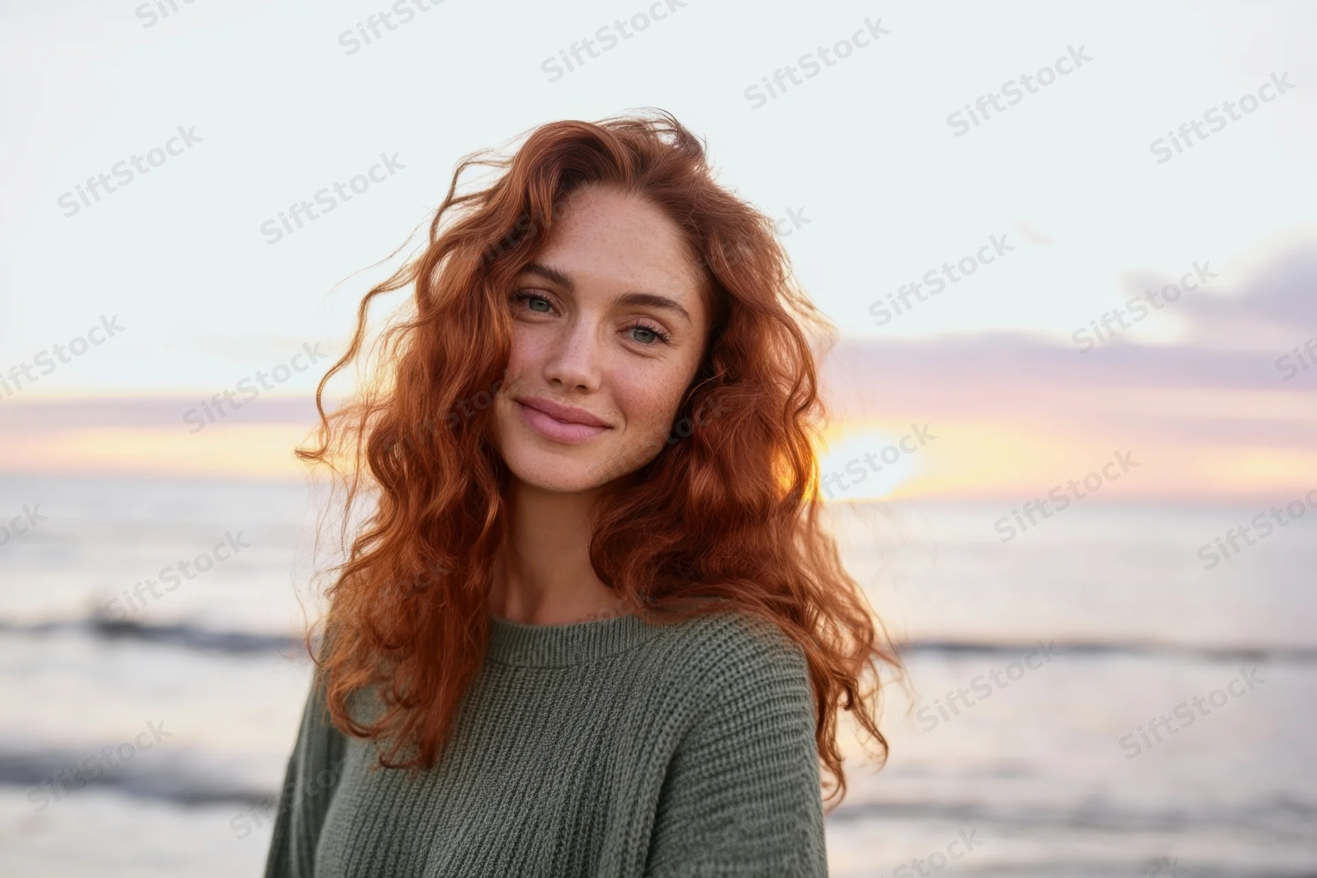 Woman with long wavy red hair smiling at camera on beach at sunset