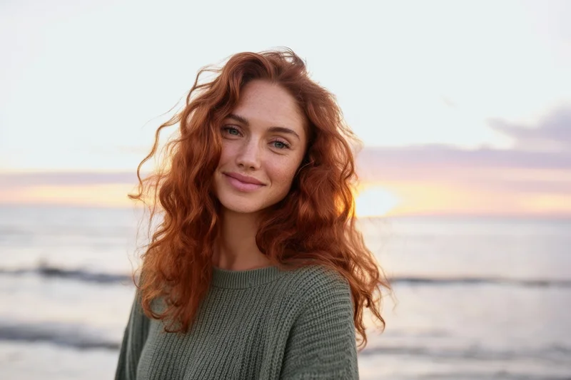 Woman with long wavy red hair smiling at camera on beach at sunset
