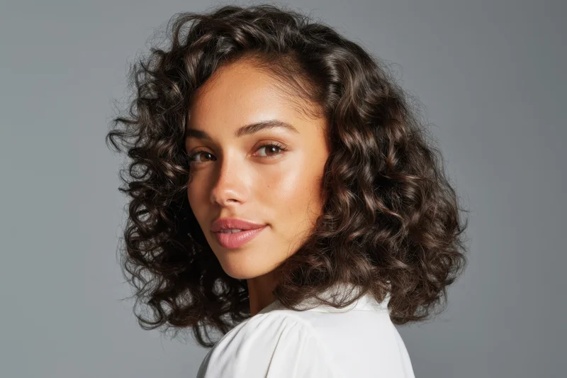 Young woman with shoulder-length curly hair posing in studio, wearing white top, soft lighting, gray background