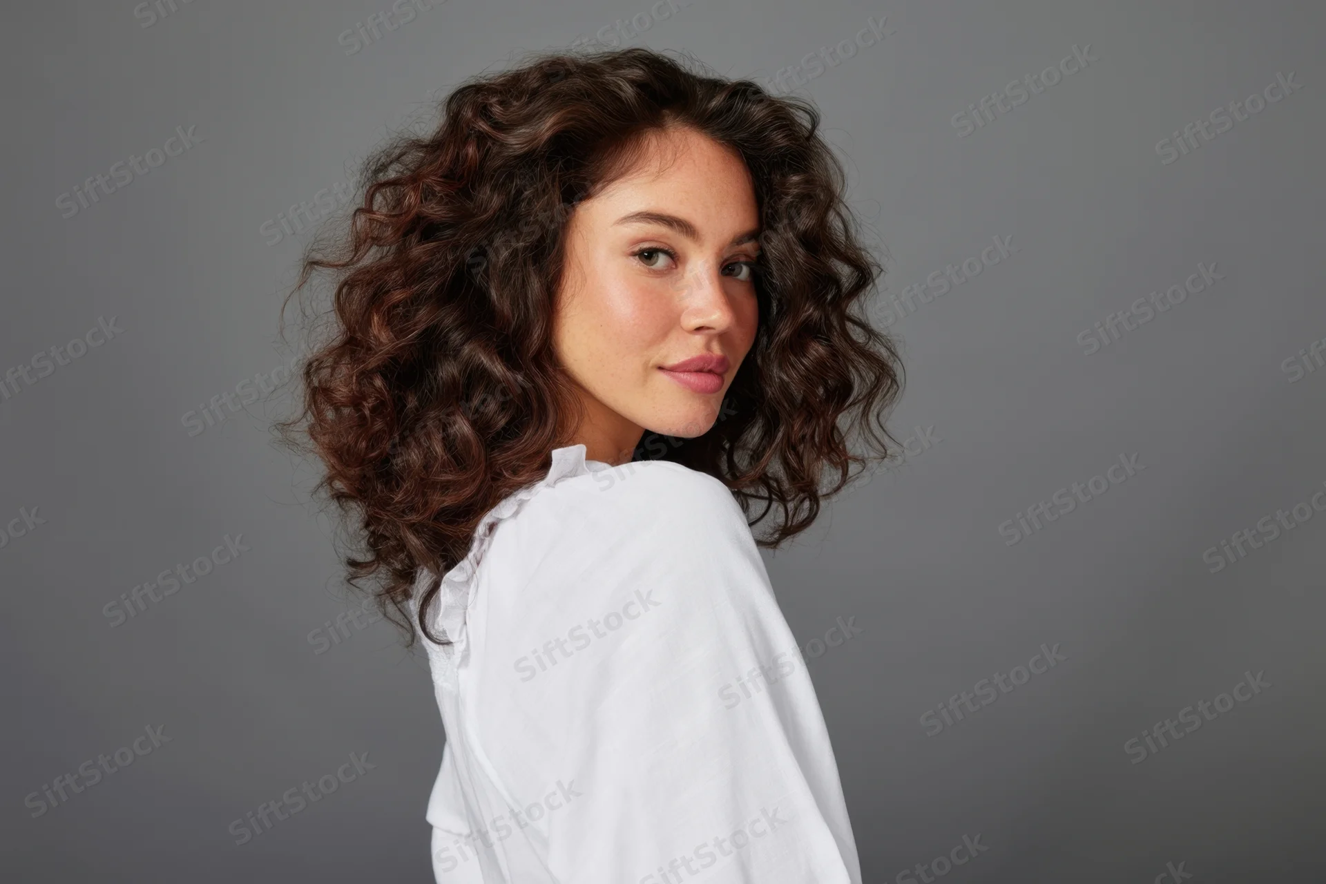 Young woman with curly hair turning back to glance at camera in studio portrait