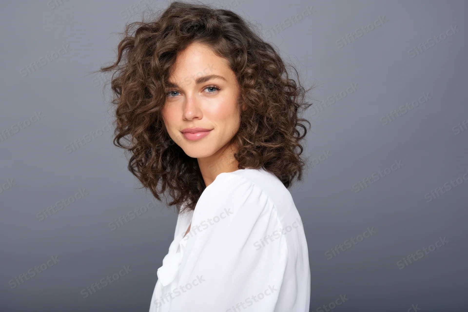 Young woman with shoulder-length curly hair smiling in studio portrait wearing white shirt