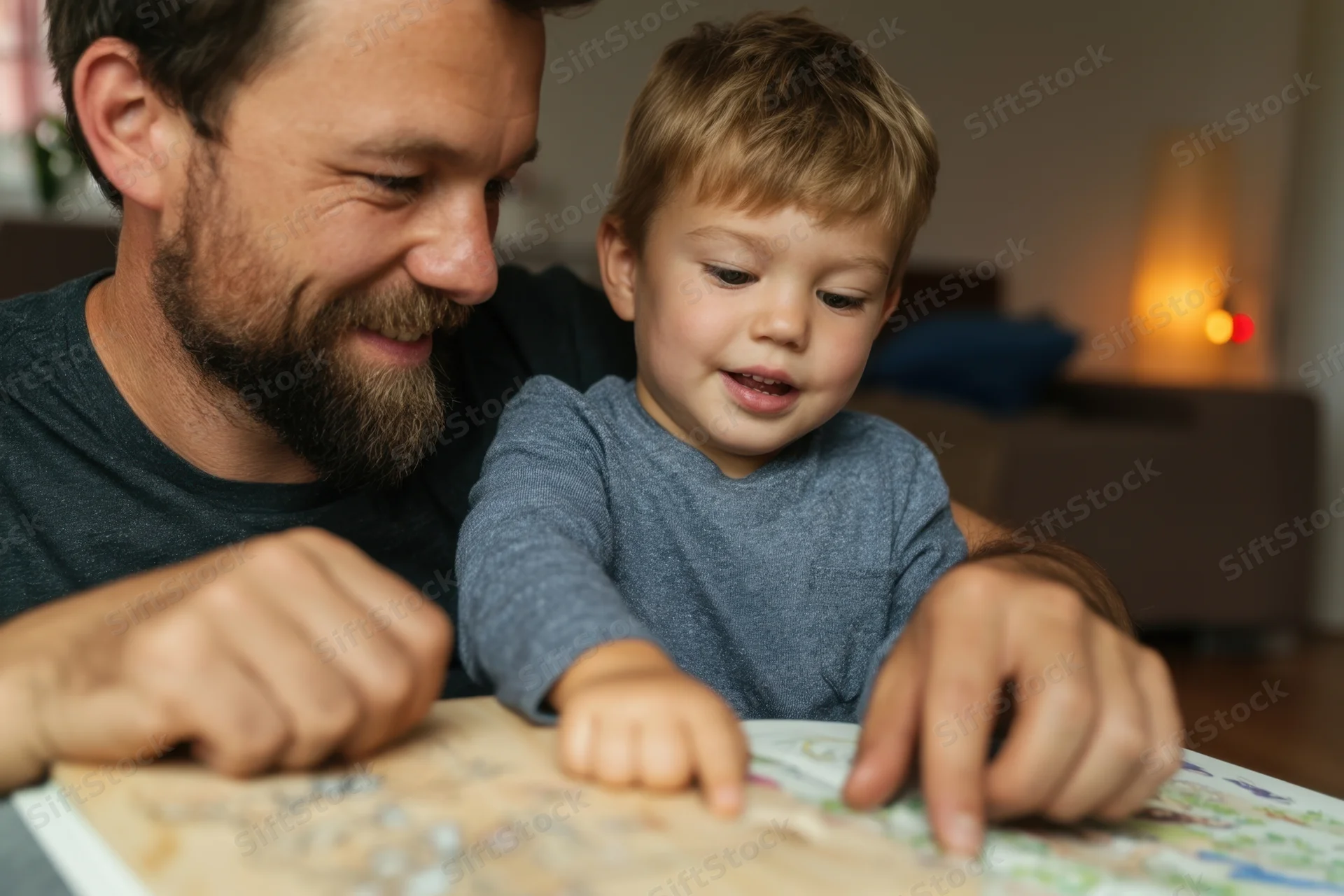 Father and young son playing puzzle together at home