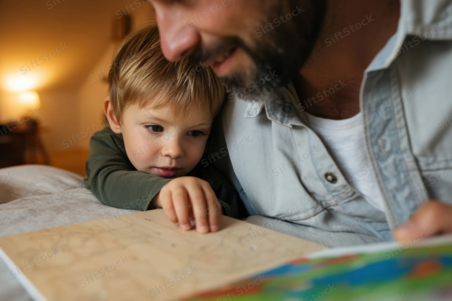 Father and young son reading a book together in bed at home