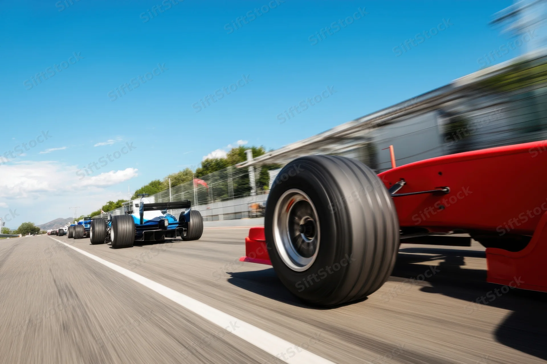 Red formula1 car racing on track with motion blur and other cars behind