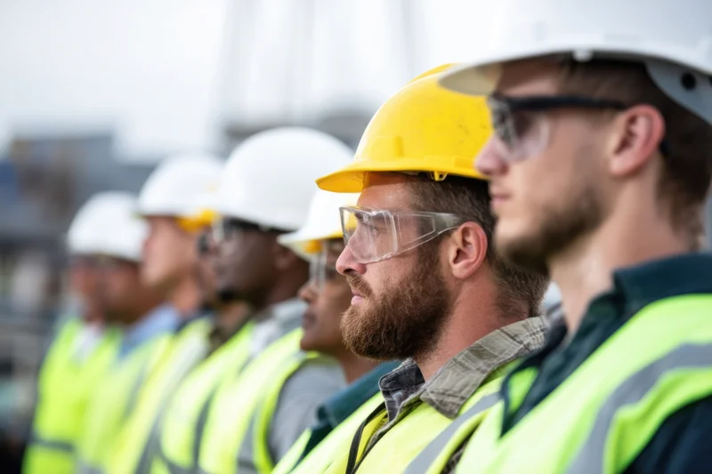 Row of construction workers in safety gear standing in line at a worksite