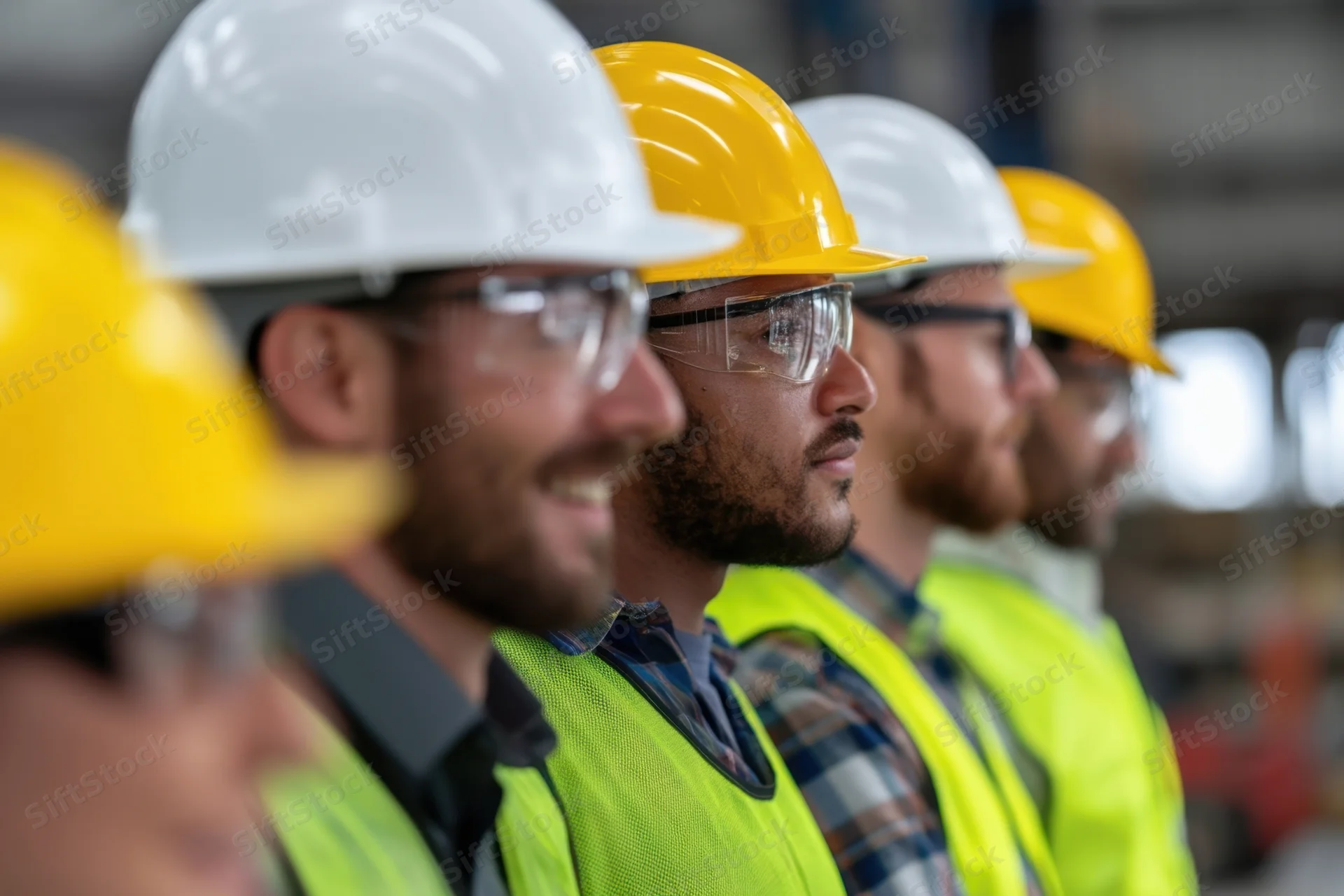 Construction workers in hardhats and safety vests standing in a row at an industrial site