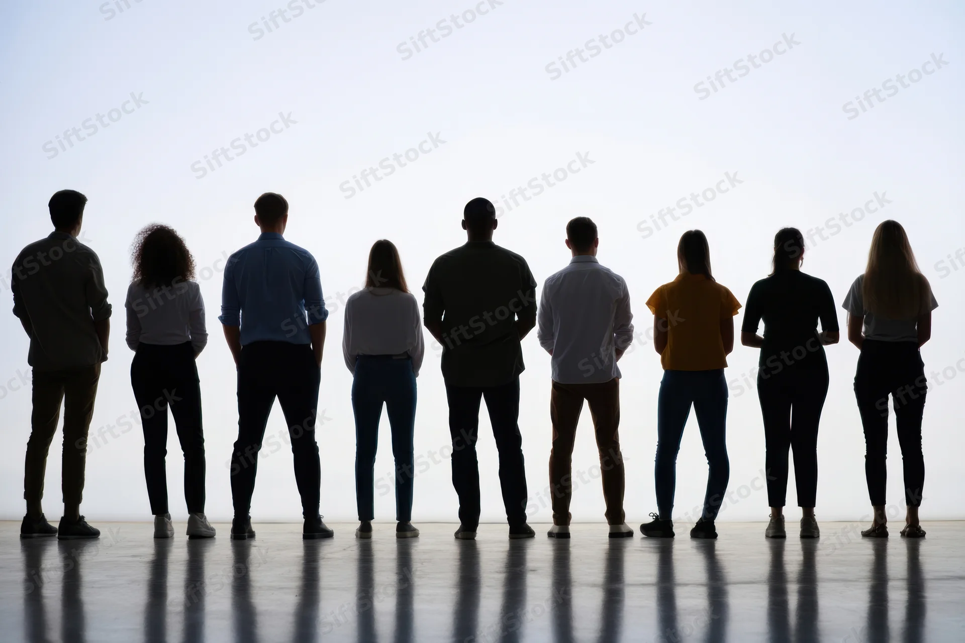 Diverse group of people standing in a row with backs to camera in a bright studio