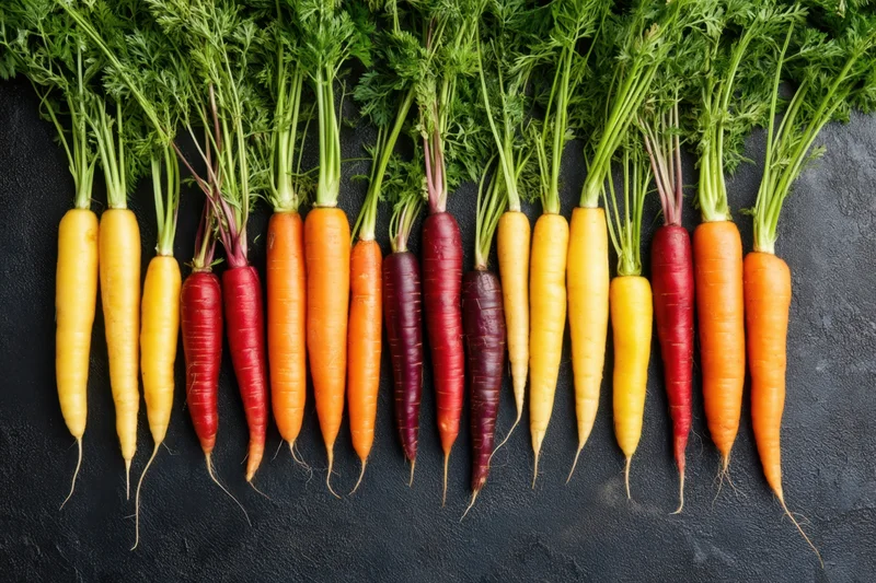 Row of rainbow carrots with green tops arranged on dark slate surface