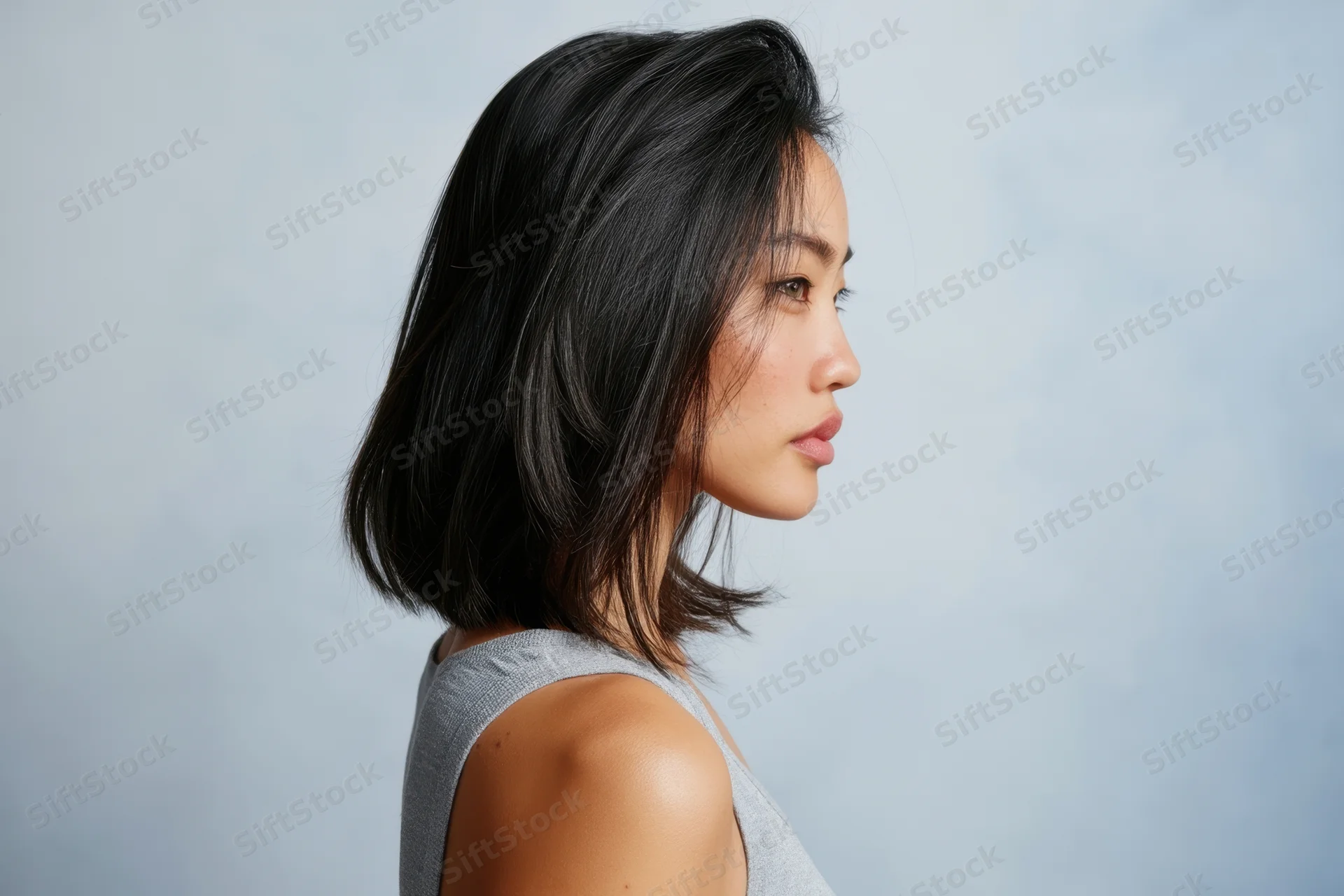 Young asian woman in side profile with shoulder-length black hair wearing a gray sleeveless top against a neutral background