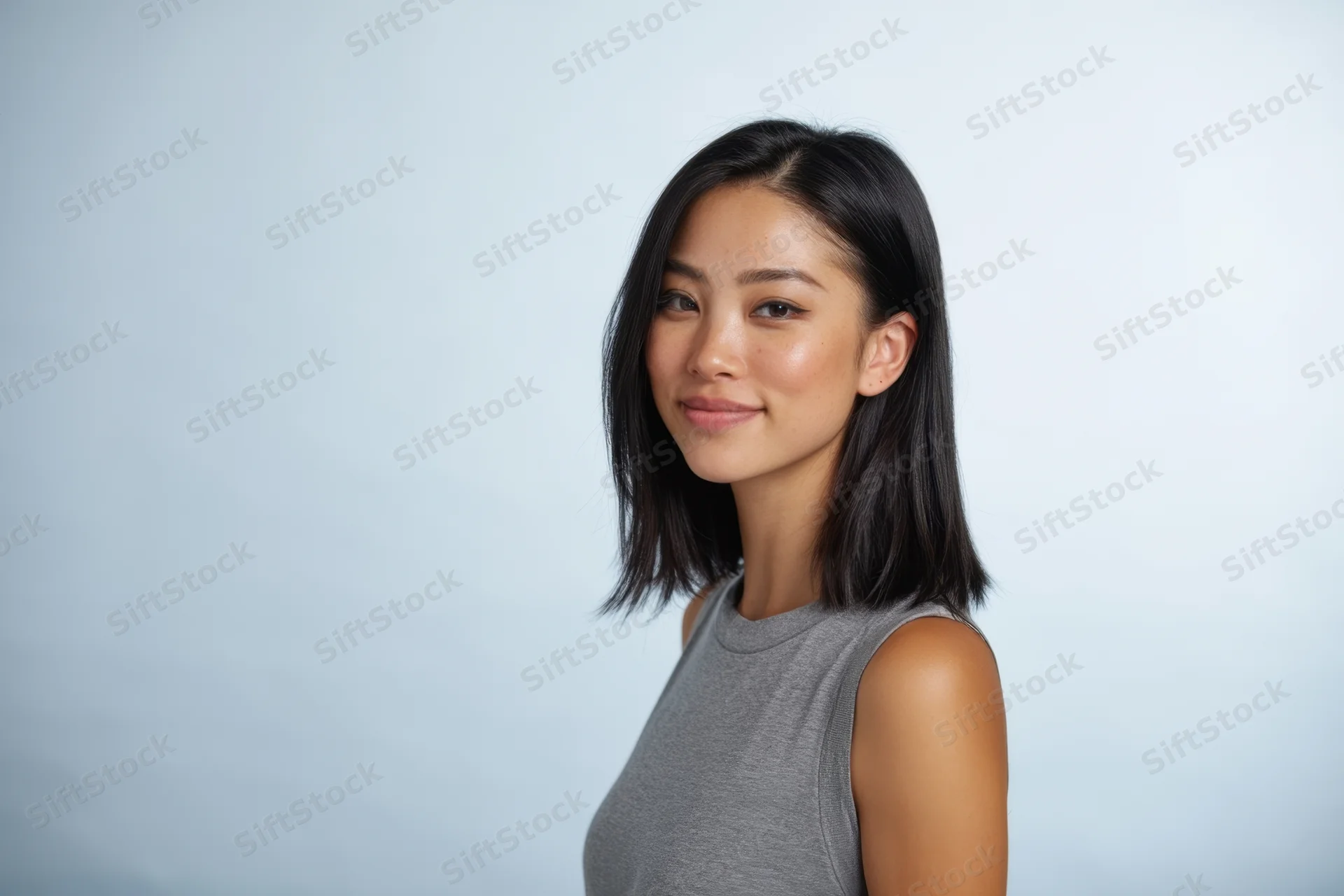 Young asian woman in side profile smiling softly in studio portrait with copyspace