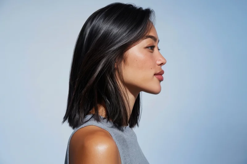 Young asian woman in side profile with shoulder-length hair wearing gray sleeveless top against light blue background