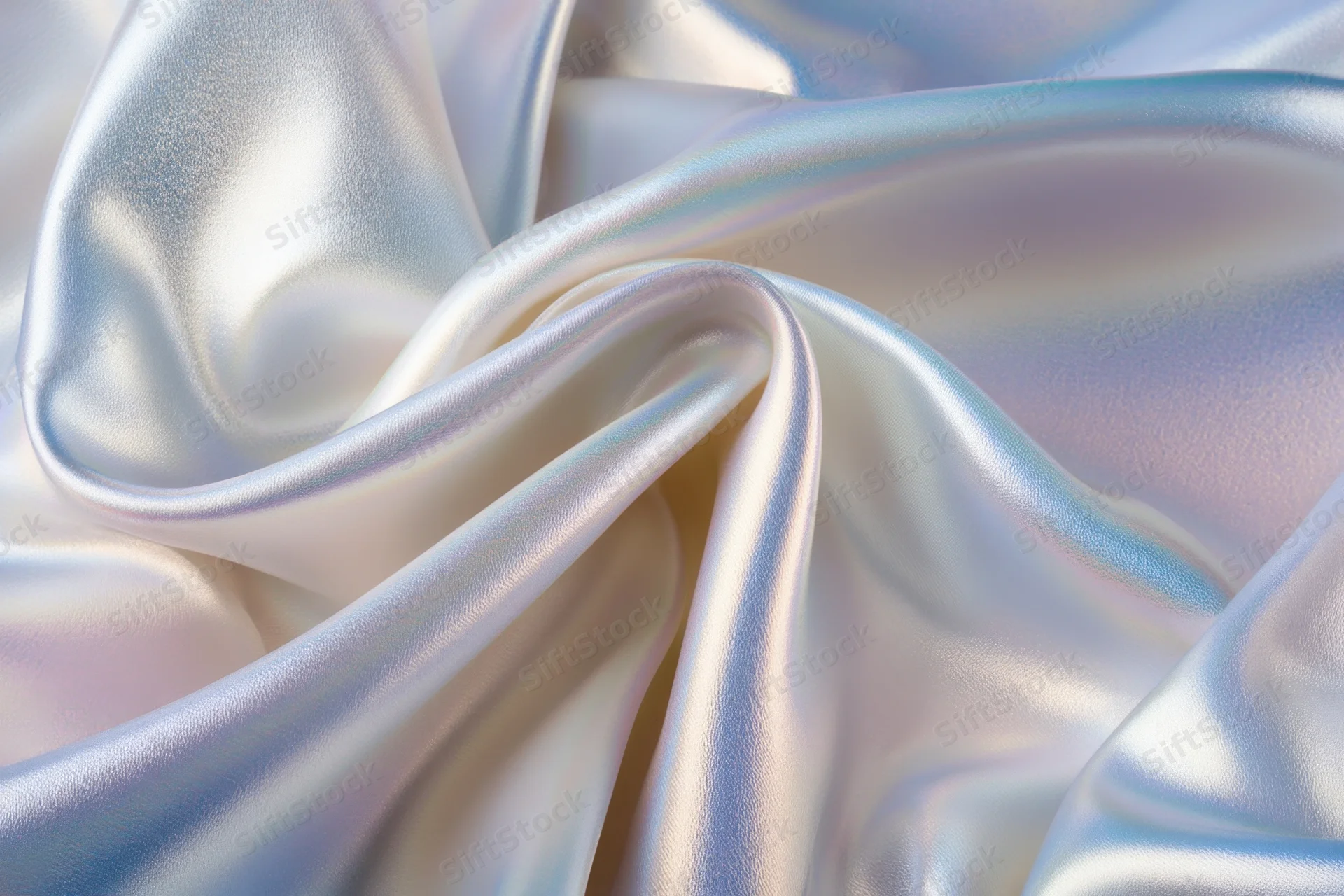 Iridescent silk fabric draped in soft flowing folds with gentle sheen and pastel highlights