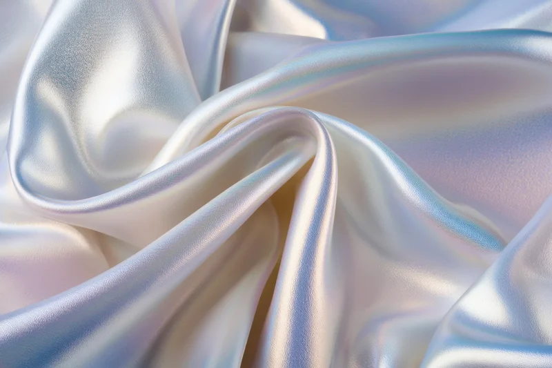 Iridescent silk fabric draped in soft flowing folds with gentle sheen and pastel highlights