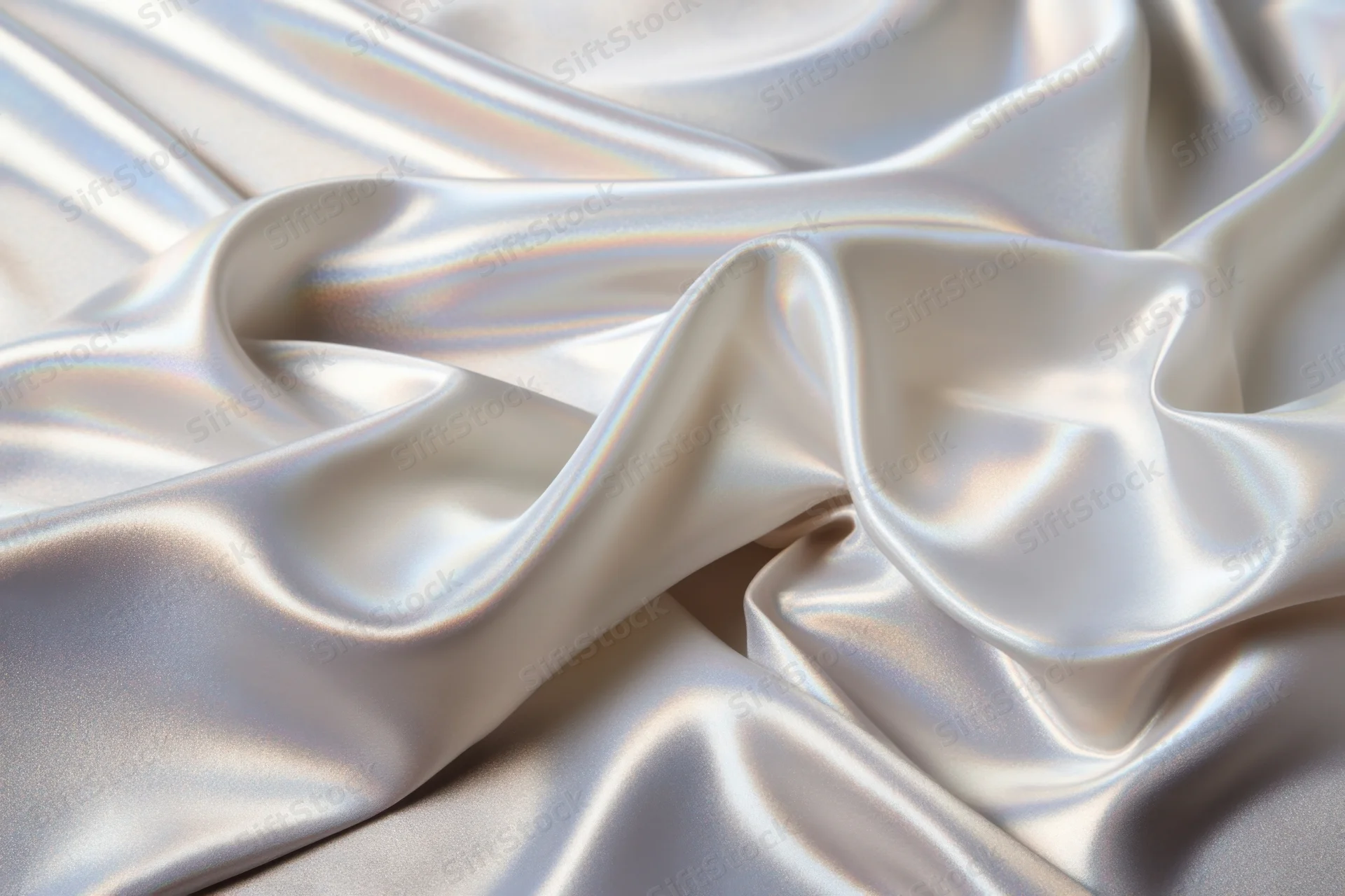 Iridescent white silk fabric draped in soft flowing folds with highlights and shadows