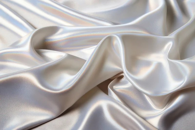 Iridescent white silk fabric draped in soft flowing folds with highlights and shadows