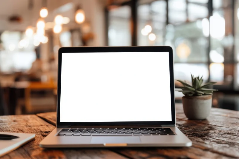 Silver laptop with blank white screen on rustic wooden table in cafe interior