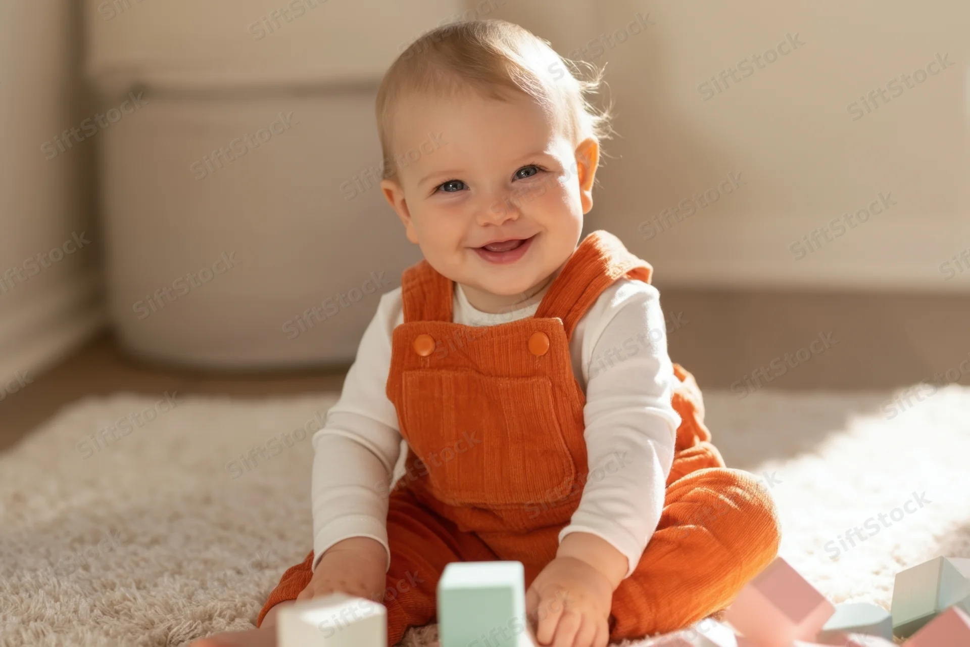 Smiling baby sitting on light rug indoors with toys in warm sunlight