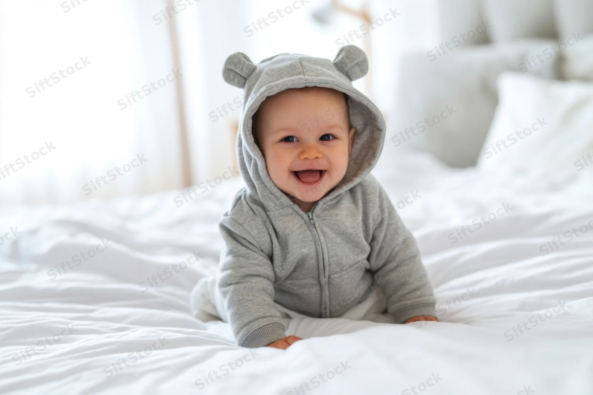 Smiling baby in gray hooded onesie sitting on white bed