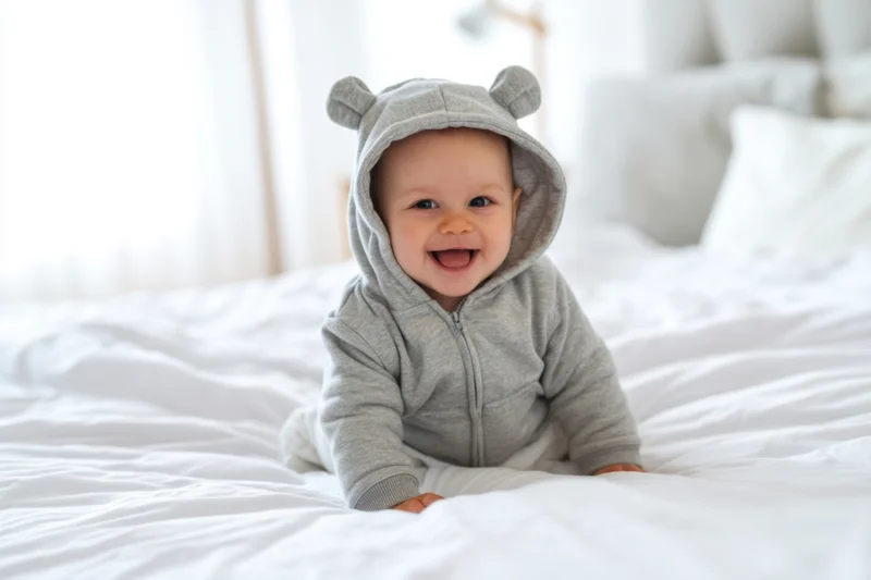 Smiling baby in gray hooded onesie sitting on white bed