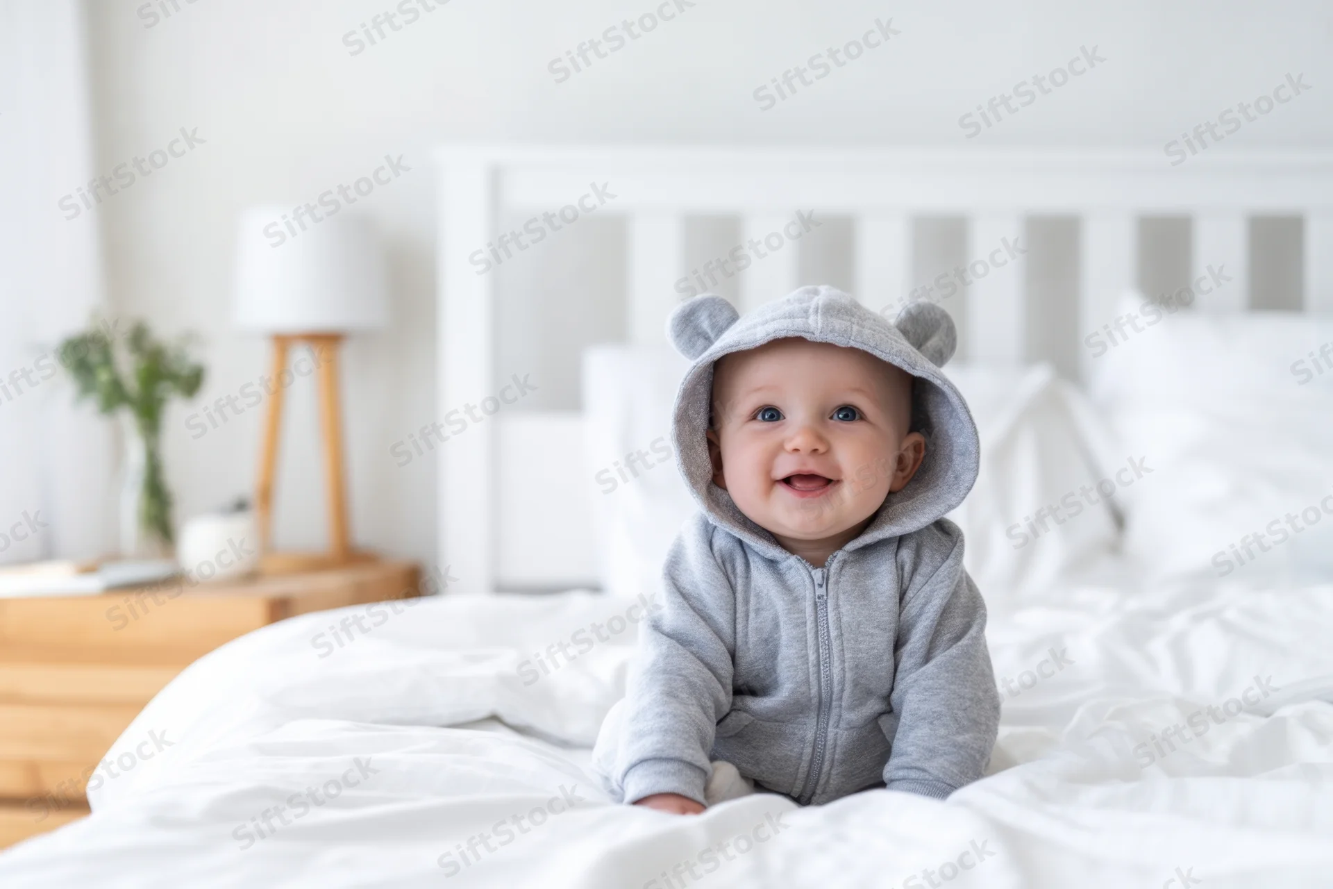 Smiling baby sitting on white bed wearing gray bear hoodie in bedroom